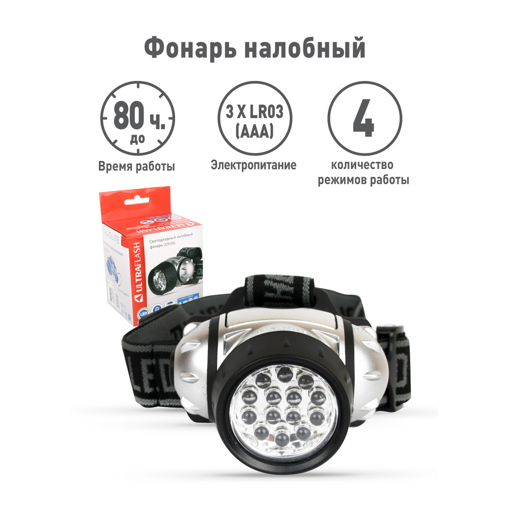 Фонарь налобный LED 5352 (14LED 4 режима; 3хR03 метал.) Ultraflash 10261