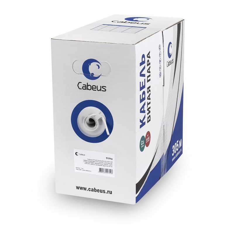 Кабель витая пара UTP-4P-Cat.5e-SOLID-GY UTP (U/UTP), категория 5e, 4 пары (24 AWG), одножильный, PVC нг(А)-LS, серый (305 м), системная гарантия 25 лет. (UTP-4P-Cat.5e-SOLID-GY)