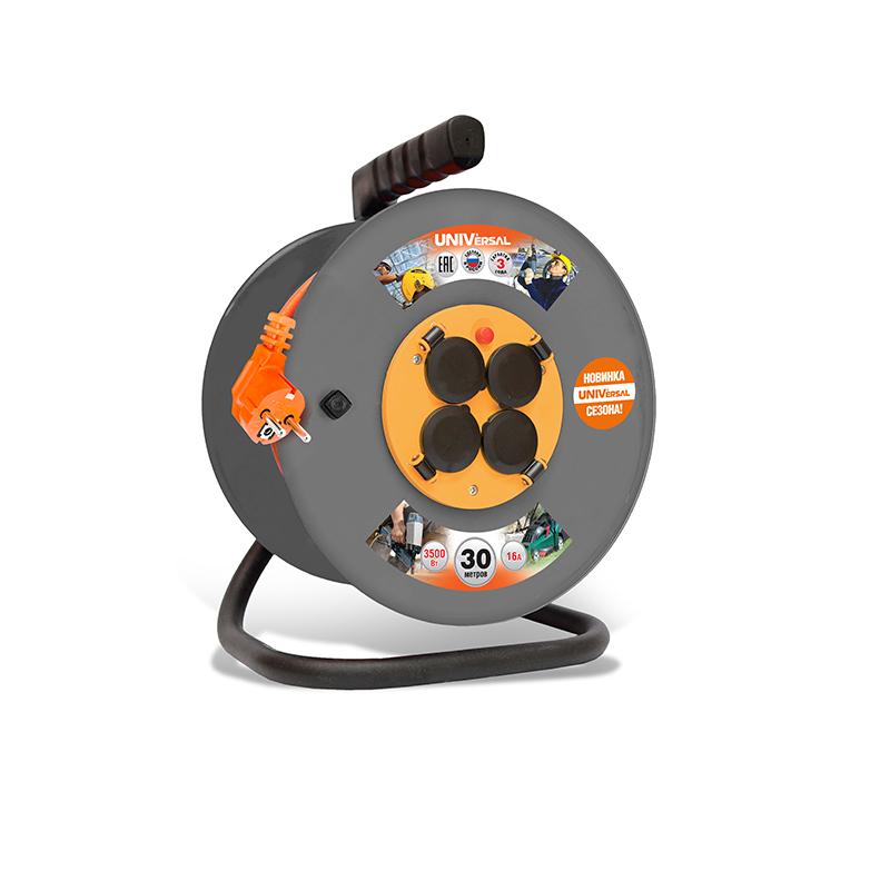 Удлинитель на катушке 4х30м с заземл. 16А IP44 ВЕМ-250 термо ПВС 3х1.5 розетки с защ. крышкой UNIVersal 9634174