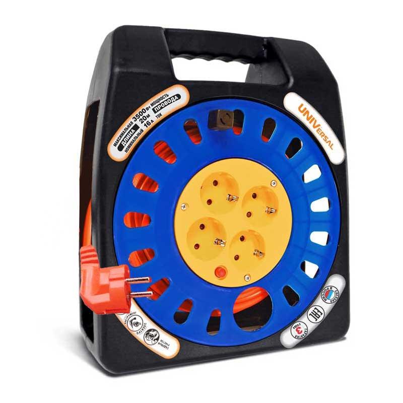 Удлинитель силовой 4х20м с заземл. 10А IP20 У16-012 термо ПВС 3х1 в закрытом корпусе защ. шторки UNIVersal 1673