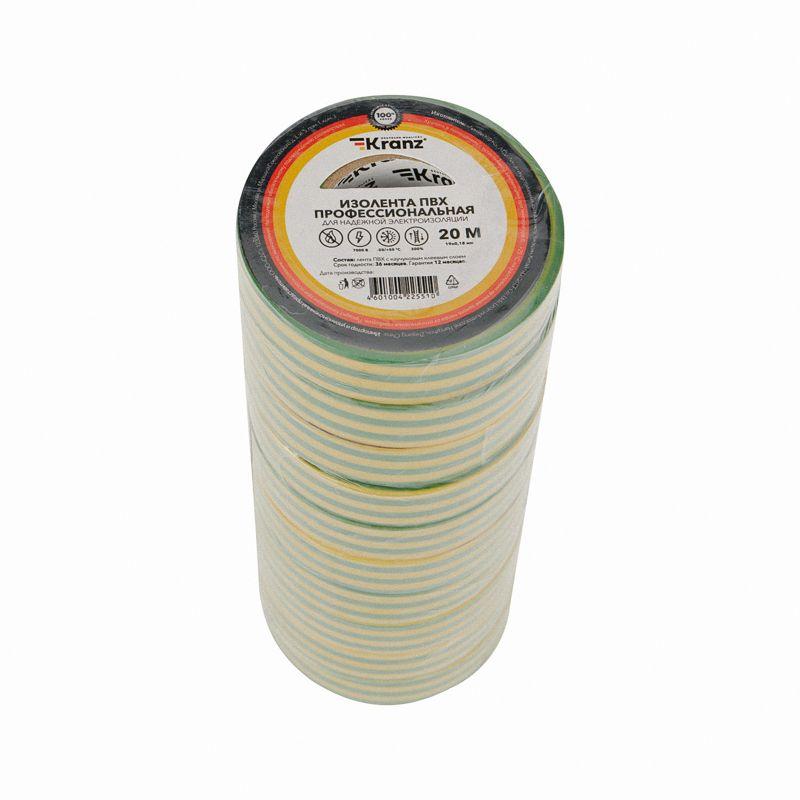 Изолента ПВХ профессиональная 0.18х19мм 20м желт./зел. (уп.10шт) Kranz KR-09-2807
