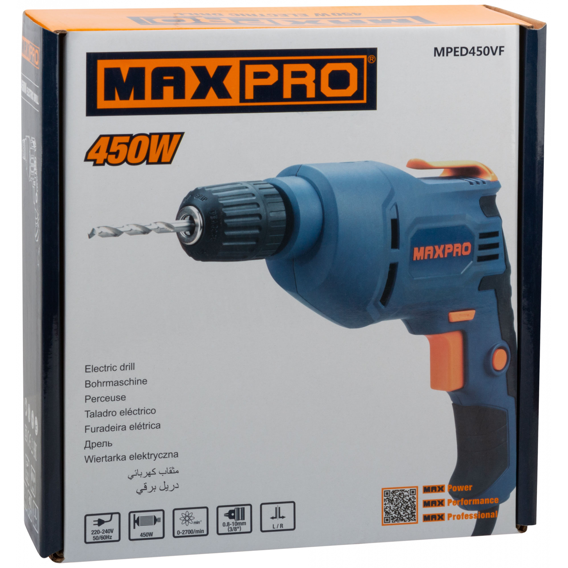 MAX-PRO Дрель электрическая 450 Вт; 0-2700об/мин; быстрозажимной патрон 0,8-10мм; 1,1 кг; резиновые вставки; кор.