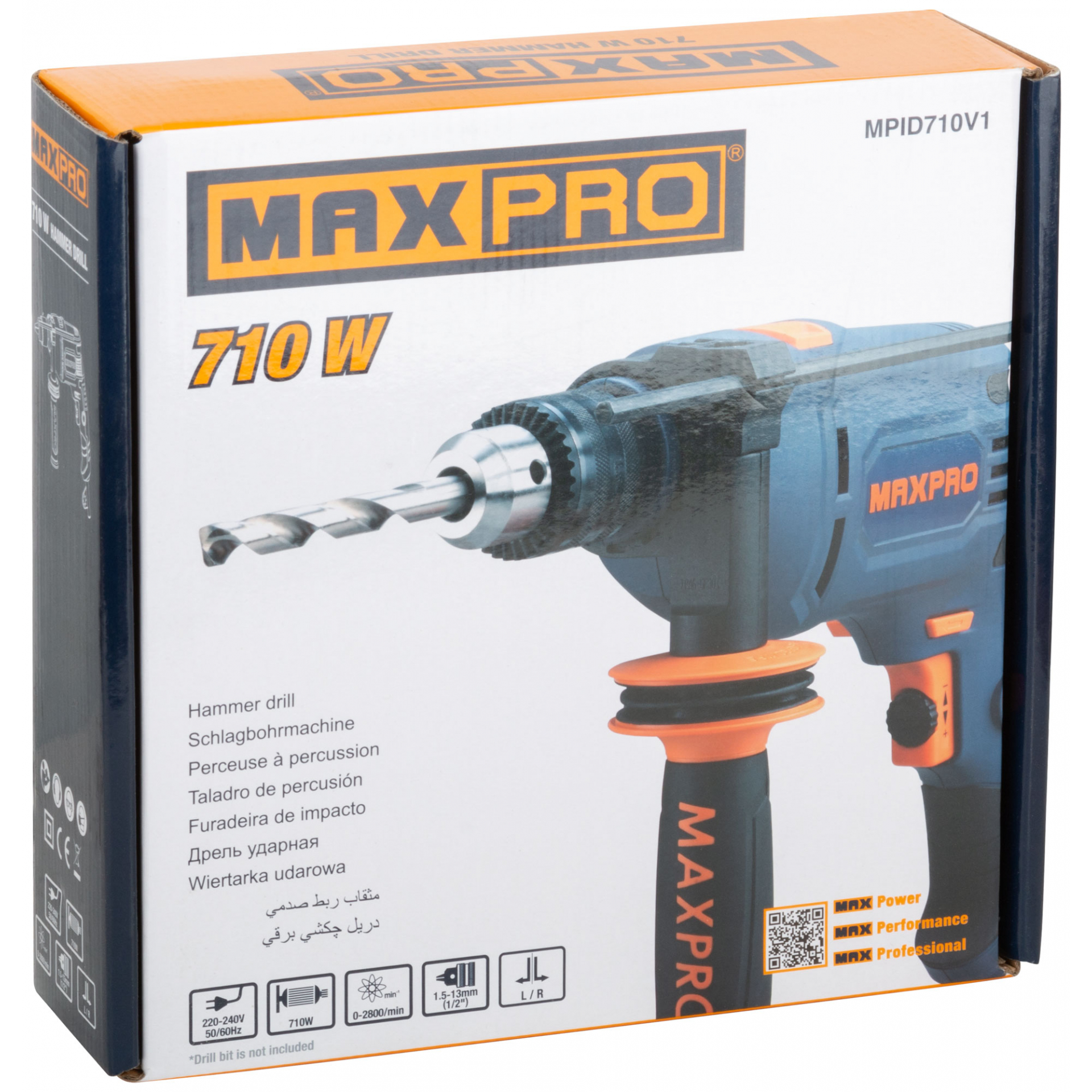 MAX-PRO Дрель ударная 710 Вт; 0-2800об/мин; ключевой патрон 1,5-13мм; 1,7 кг; антивибрационная ручка; резиновые вставки; кор.