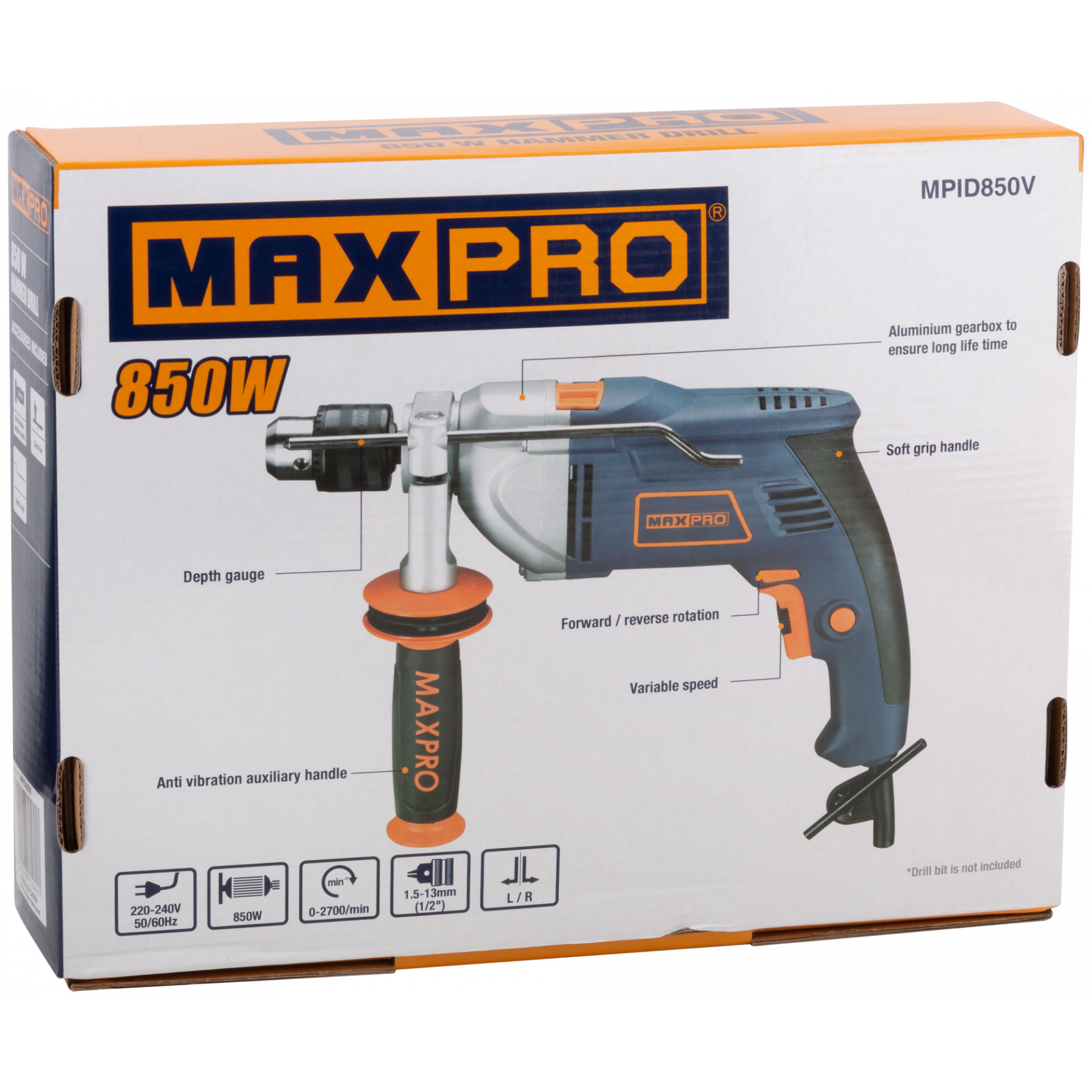 MAX-PRO Дрель ударная 850 Вт; 0-2700об/мин; ключевой патрон 1,5-13мм; 2,4 кг; антивибрационная ручка; резиновые вставки; металлический корпус редуктор