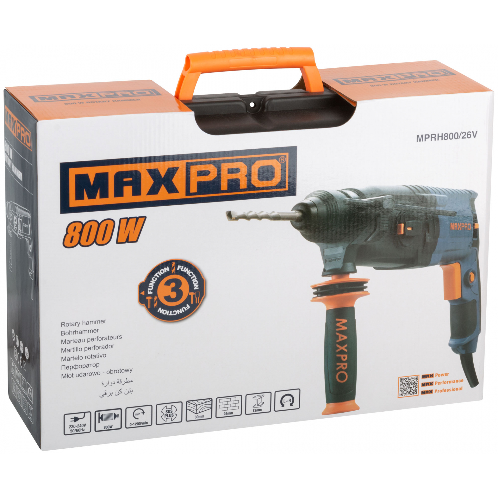 MAX-PRO Перфоратор монтажный 800 Вт; 0-1200об/мин; 2,8Дж; 3 режима; Д/Б/М-30/26/13; 3,2кг; SDS-PLUS; антивибрационная ручка; резиновые вставки; резино