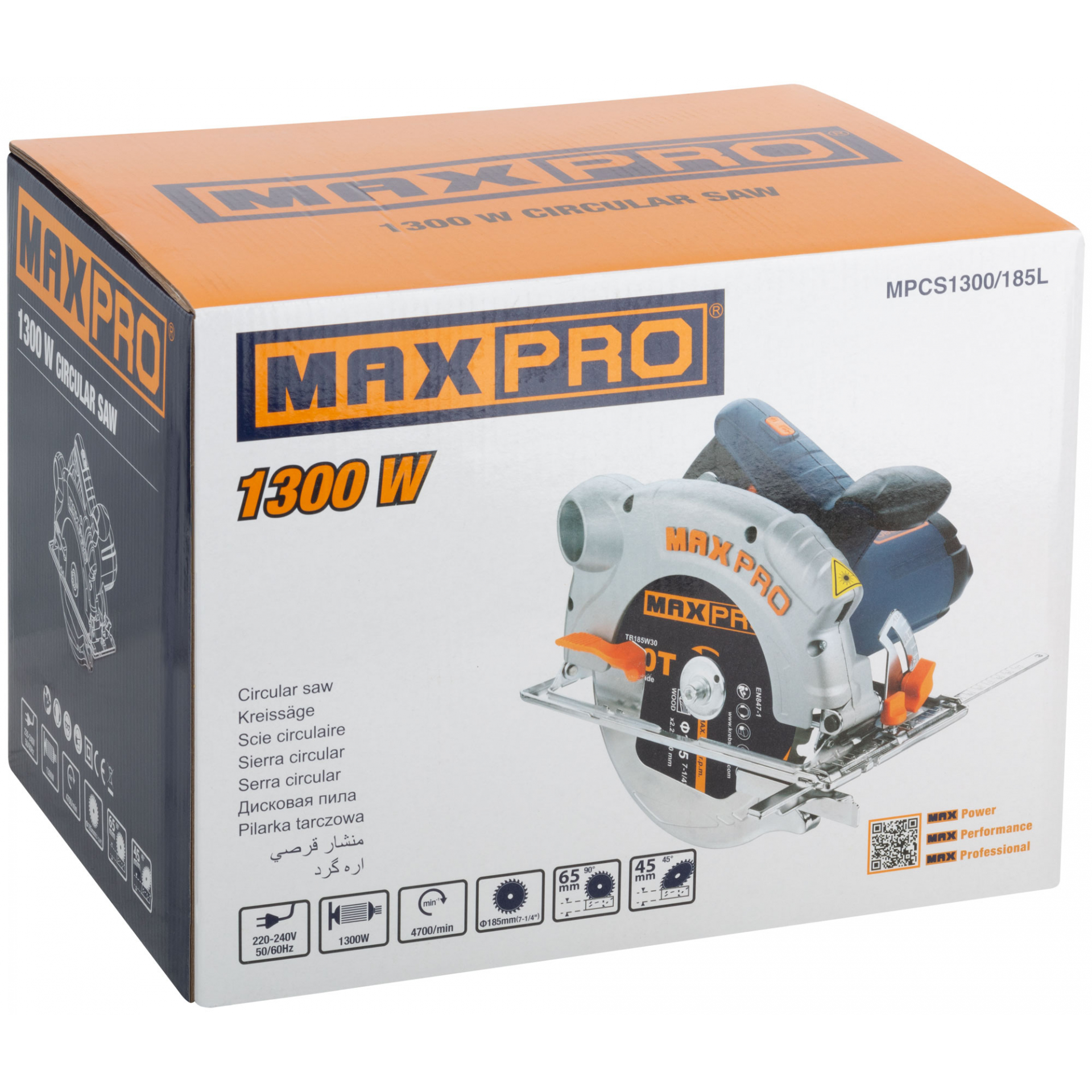 MAX-PRO Пила циркулярная 1300 Вт; 185/20 мм; 4700об/мин; лазер; резиновый кабель; 3,9 кг; коробка