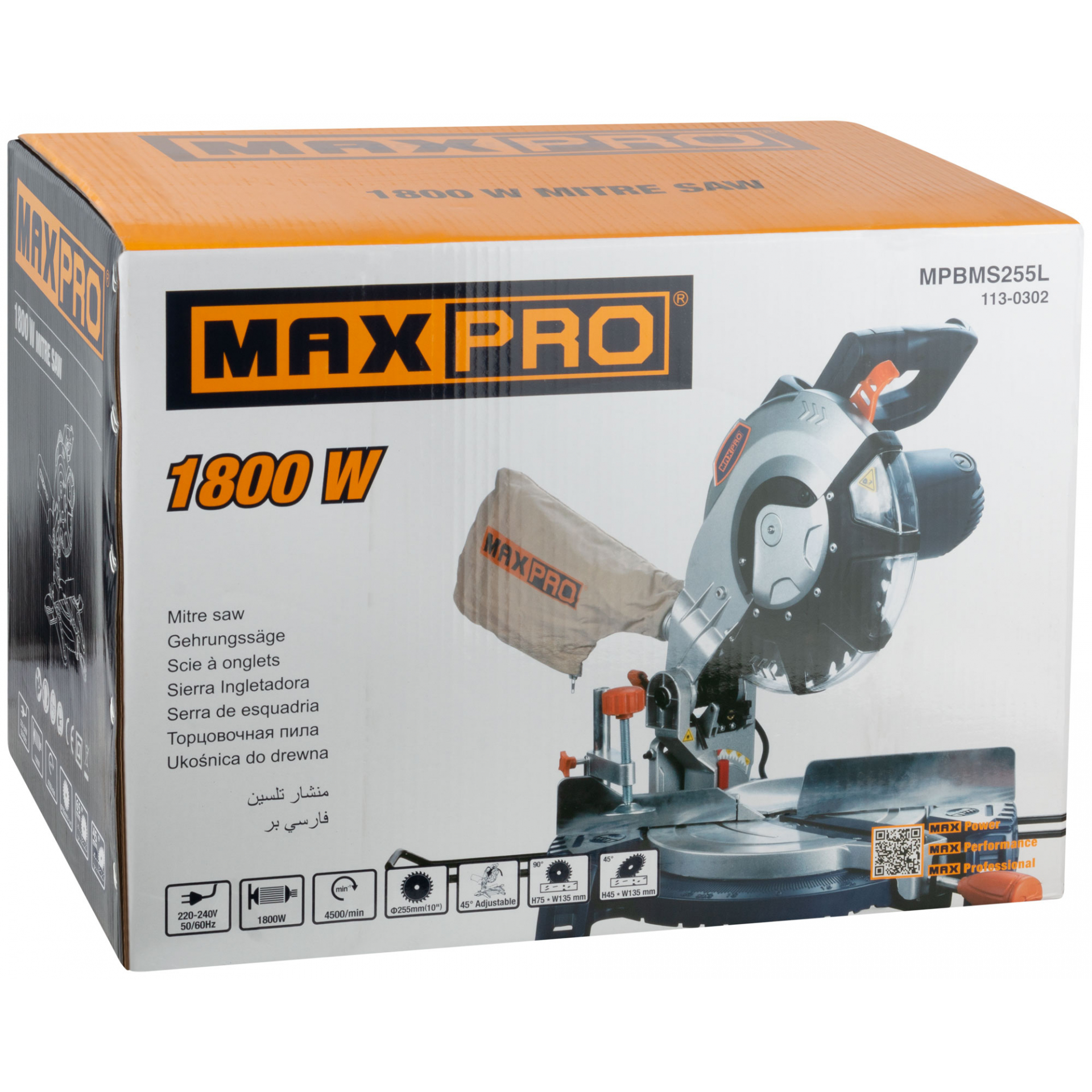 MAX-PRO Пила торцовочная 1800 Вт; 4500об/мин; лазер; 255/25,4мм; резиновый кабель; левый наклон; дополнительные щетки; 10,1 кг; коробка