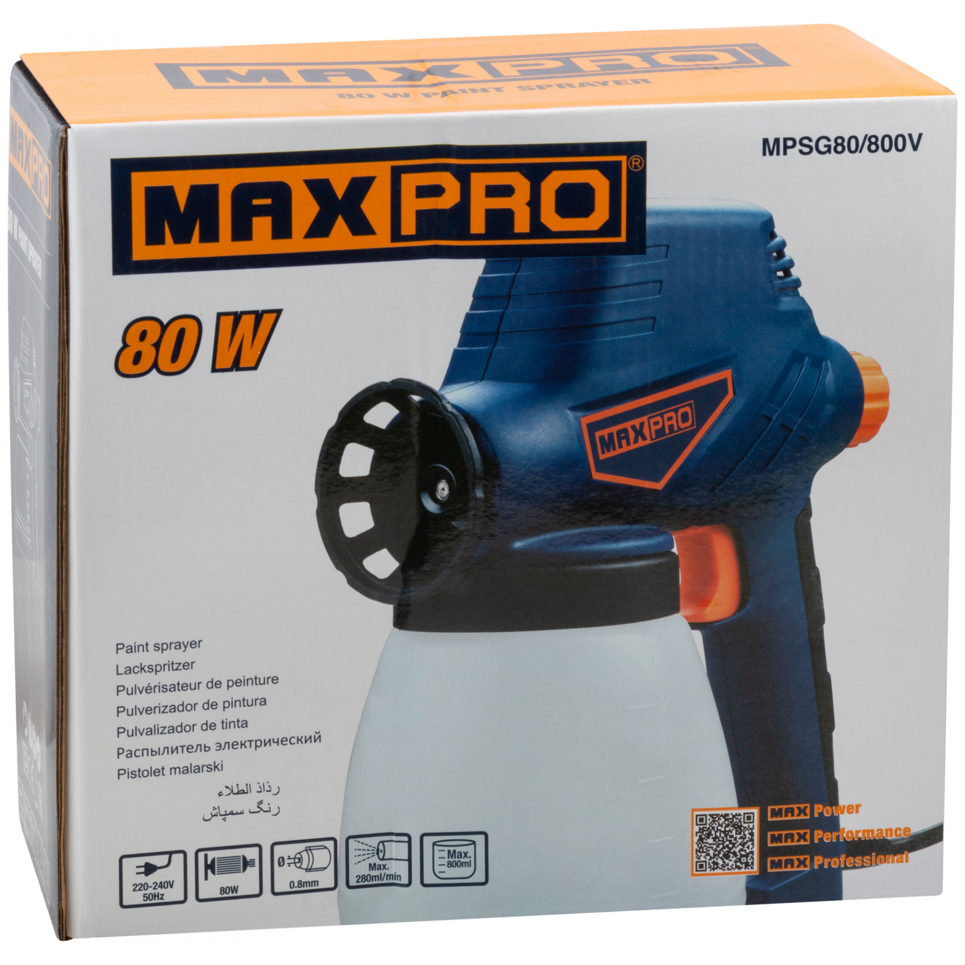 MAX-PRO Распылитель электрический 80 Вт; 0,8мм; 800мл; 30din/сек; 280мл/мин; 1,1 кг; кор.