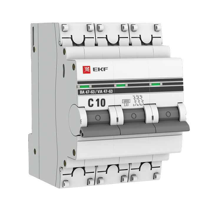 Выключатель автоматический трехполюсный 10А C ВА 47-63 6кА PROxima (mcb4763-6-3-10C-pro)