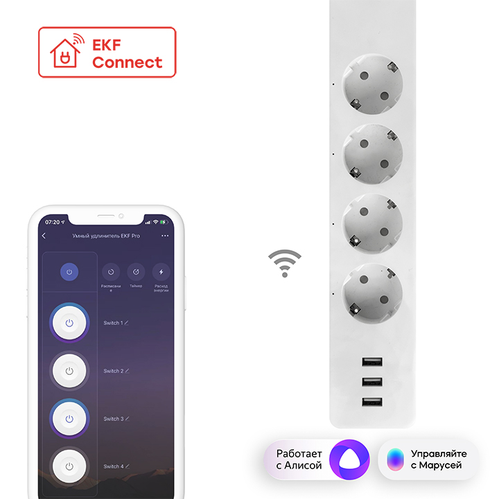 Умный удлинитель EKF Connect PRO Wi-Fi c USB (RCE-2-WF)