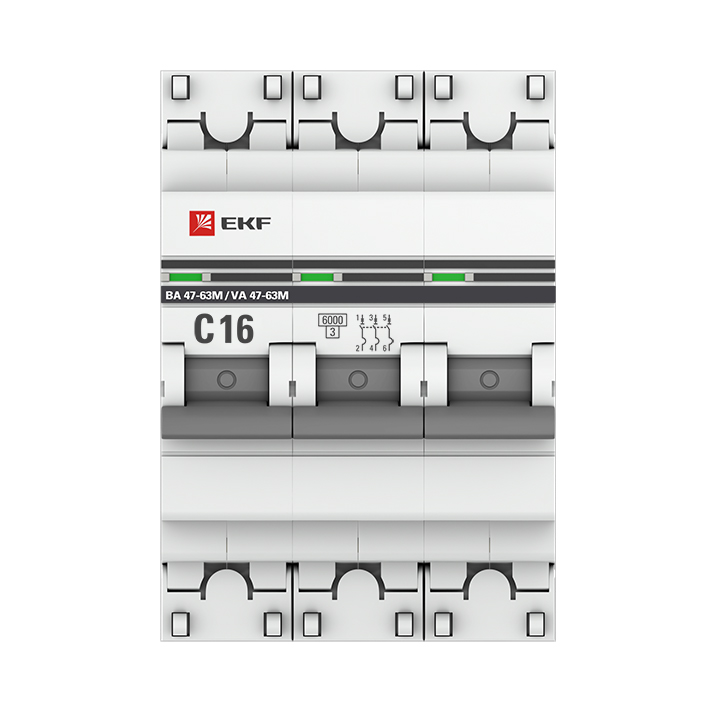 Автоматический выключатель 3P 16А (C) 6кА ВА 47-63M c электромагнитным расцепителем EKF PROxima (mcb4763m-6-3-16C-pro)