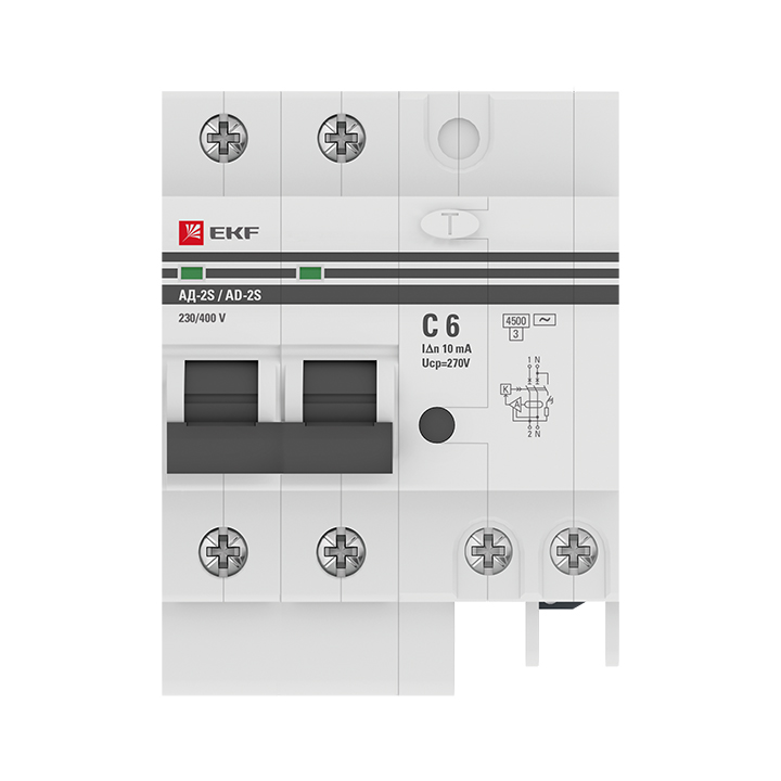 Дифференциальный автомат АД-2 6А/10мА (х-ка C, АС, электронный, защита 270В) 4,5кА EKF PROxima (DA2-06-10-pro)