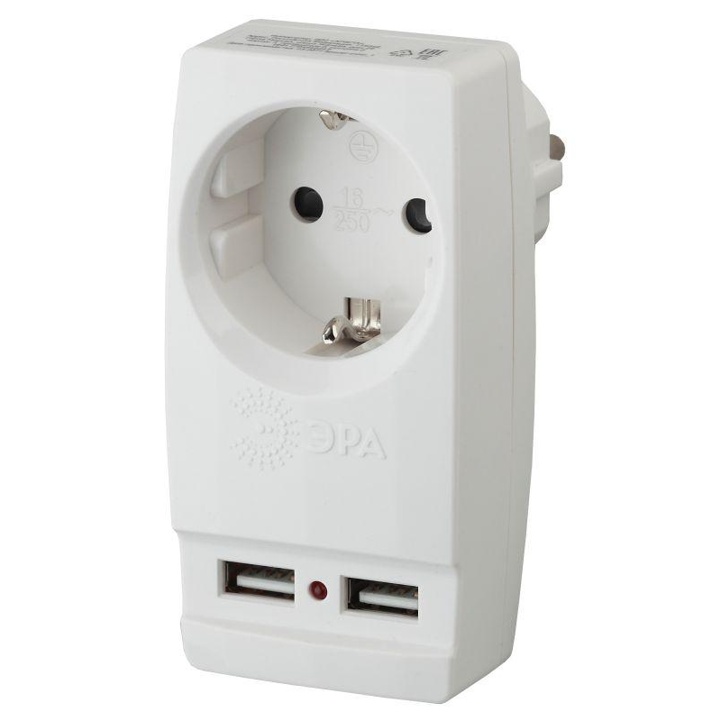 Адаптер SP-1e-USB-W "Polynom" 1-м 220В+ 2хUSB 2100мА c зазeмл. бел. ЭРА Б0026332
