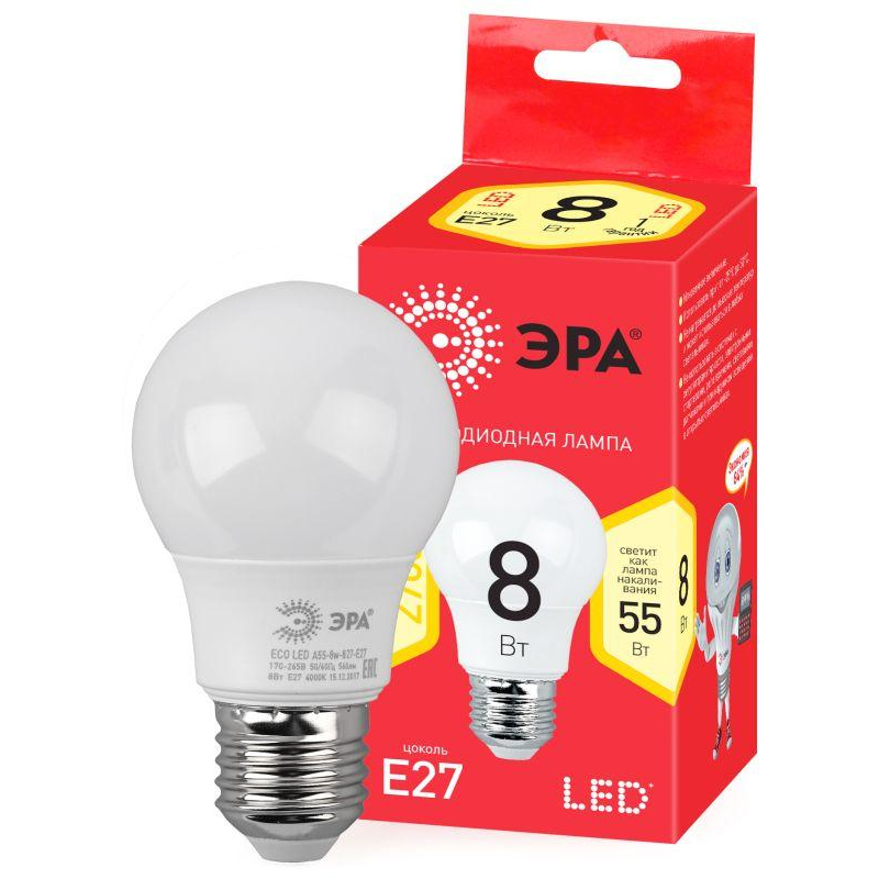 Лампа светодиодная smd A55-8W-827-E27 ECO ЭРА Б0032095