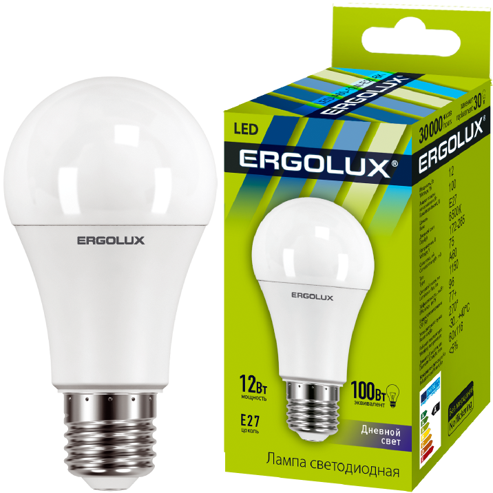 Ergolux LED-A60-12W-E27-6K (Эл.лампа светодиодная ЛОН 12Вт E27 6500K 180-240В)