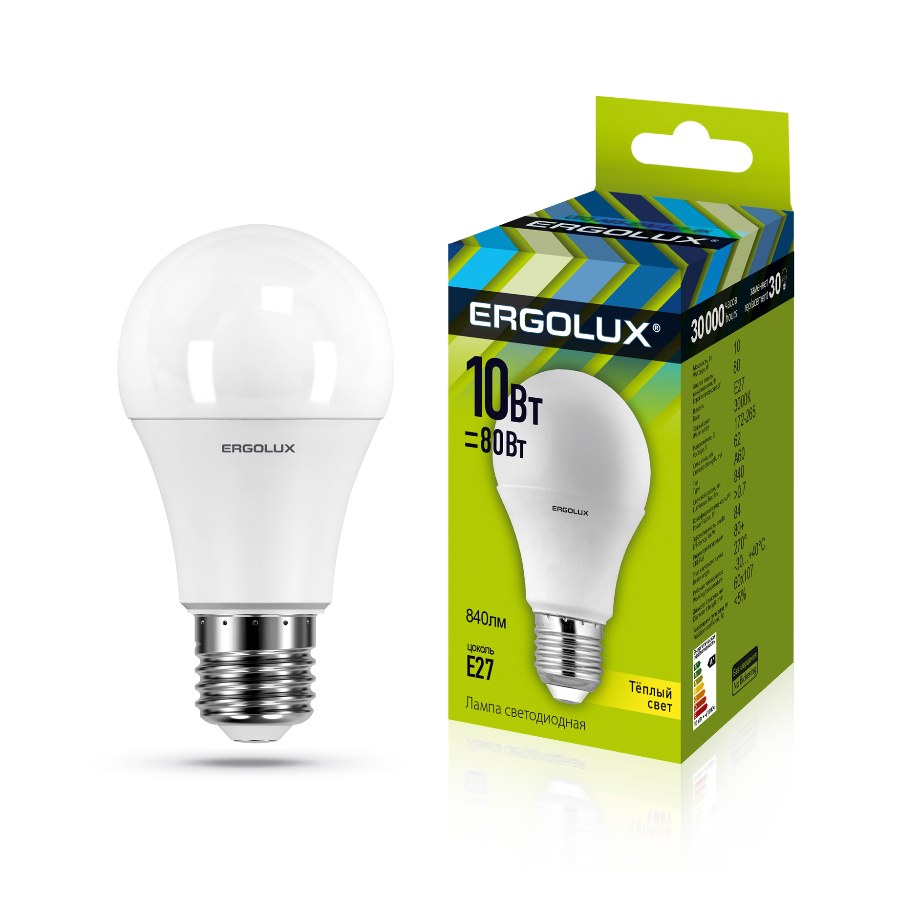 Ergolux LED-A60-10W-E27-3K (Эл.лампа светодиодная ЛОН 10Вт E27 3000K 180-240В)