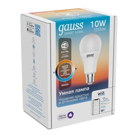 Лампа светодиодная умная LED 10 Вт 1055 Лм 2700-6500К E27 A60 изм.цвет.темп.+диммирование управление по Wi-Fi Smart Home Gauss (1080112)