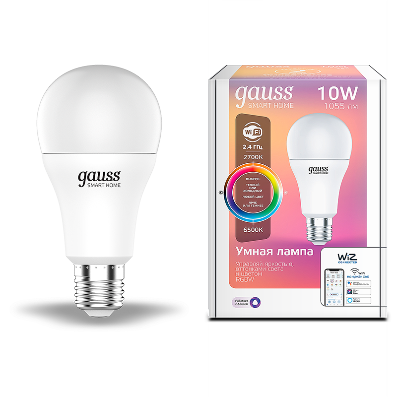 Лампа светодиодная умная LED 10 Вт 1055 Лм 2700-6500К E27 A60 RGBW +изм.цвет.темп.+диммирование управление по Wi-Fi Smart Home Gauss (1180112)