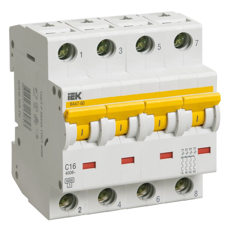 Автоматический выключатель ВА47-60 4Р 16А 6кА С IEK