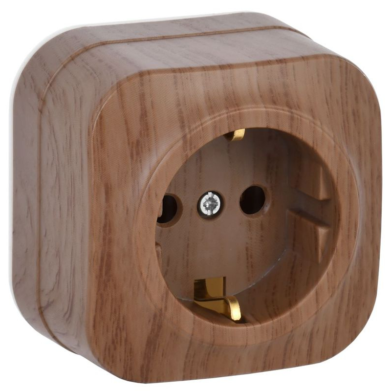 GLORY Розетка 1-местная для открытой установки с заземлением без защитных шторок 16А РС20-3-ХД дуб IEK