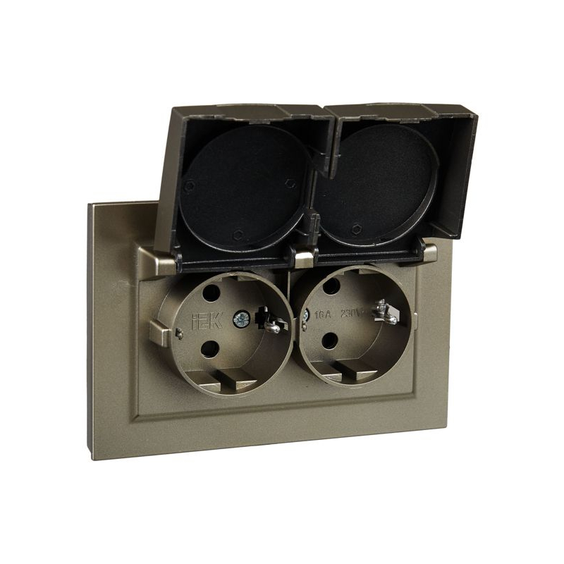 BRITE Розетка 2-местная с заземлением с защитными шторками и крышкой 16А в сборе IP44 РСбш12-3-44-БрШ шампань IEK