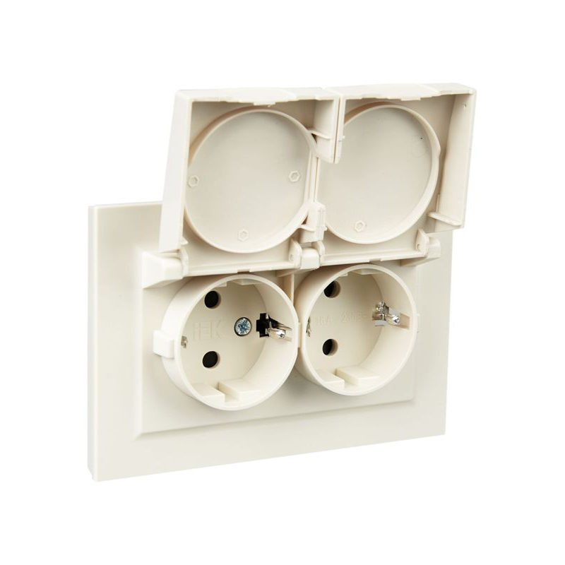 BRITE Розетка 2-местная с заземлением с защитными шторками и крышкой 16А в сборе IP44 РСбш12-3-44-БрКр бежевый IEK