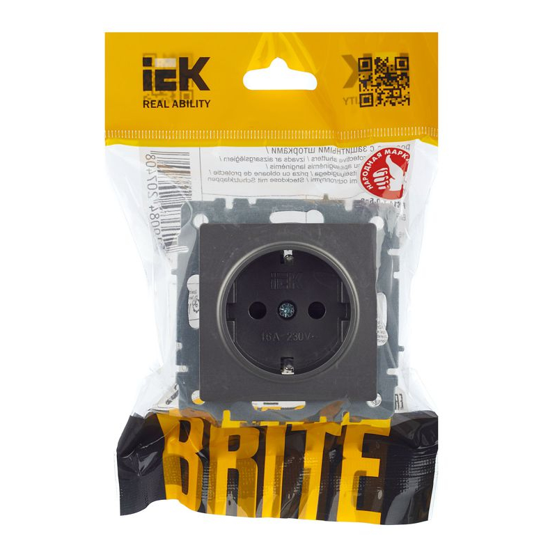 BRITE Розетка 1-местная с заземлением с защитными шторками 16А РС14-1-0-БрС сталь IEK
