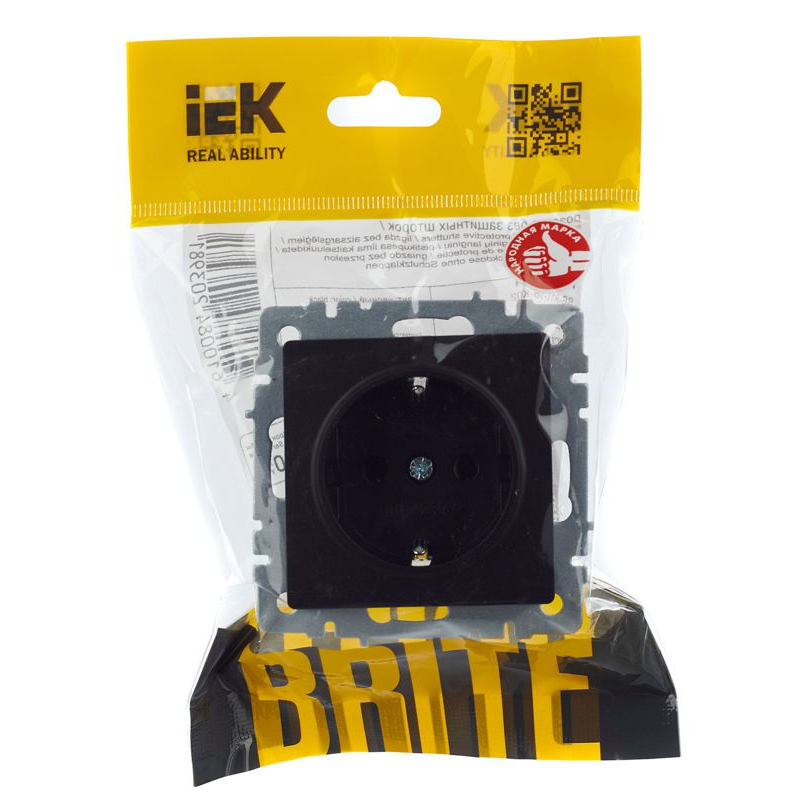 BRITE Розетка 1-местная с заземлением с защитными шторками 16А РС14-1-0-БрЧ черный IEK