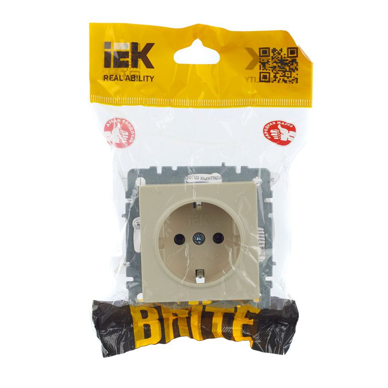 BRITE Розетка 1-местная с заземлением без защитных шторок 16А РС11-1-0-БрКр бежевый IEK