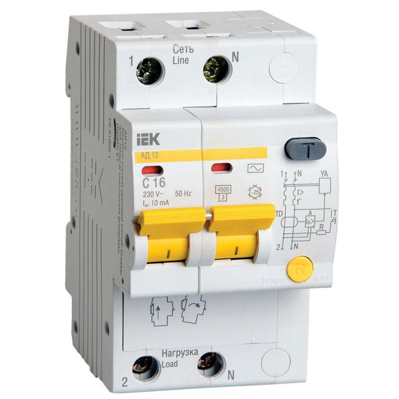 Выключатель автоматический дифференциального тока 2п C 16А 10мА тип AC 4.5кА АД-12 IEK MAD10-2-016-C-010