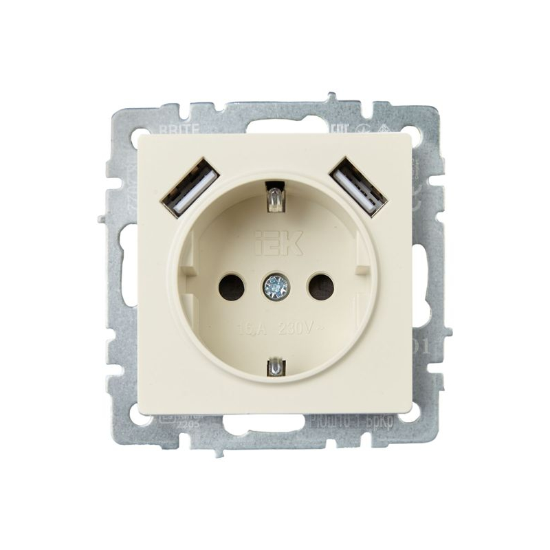BRITE Розетка 1-местная с заземлением с защитными шторками 16А с USB A+A 5В 2,1А РЮш10-1-БрКр бежевый IEK