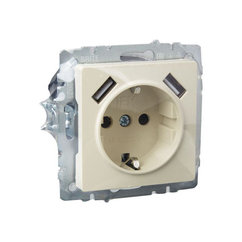 BRITE Розетка 1-местная с заземлением с защитными шторками 16А с USB A+A 5В 2,1А РЮш10-1-БрКр бежевый IEK