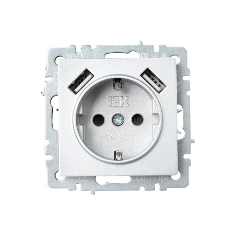 BRITE Розетка 1-местная с заземлением с защитными шторками 16А с USB A+A 5В 3,1А РЮш10-2-БрА алюминий IEK