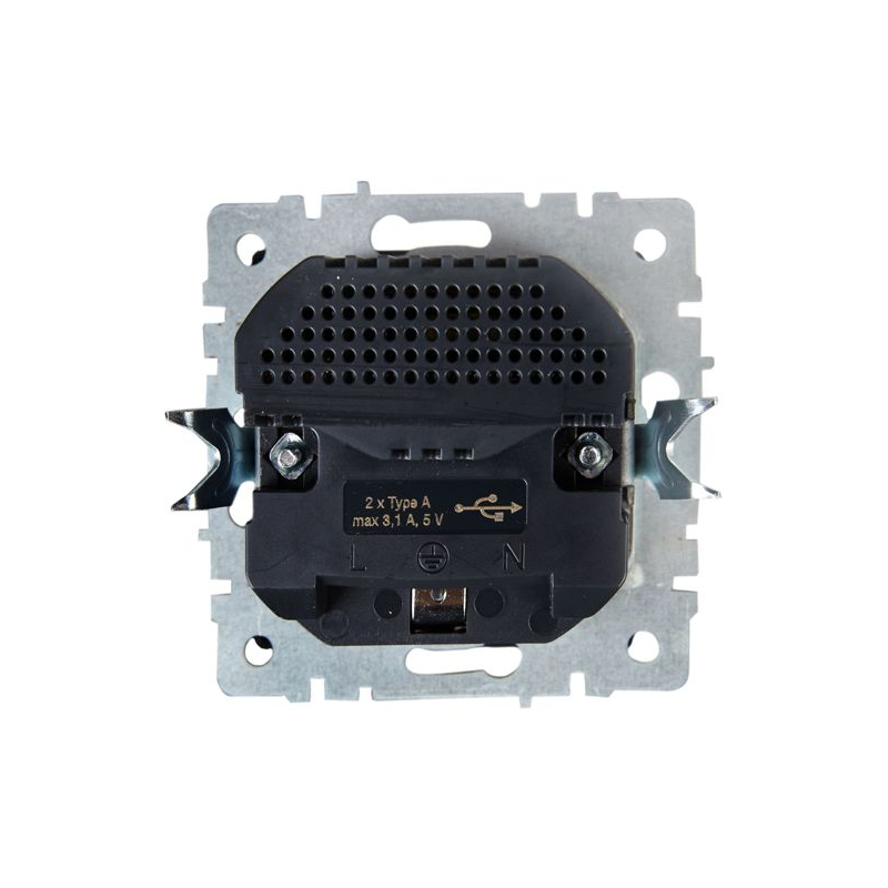 BRITE Розетка 1-местная с заземлением с защитными шторками 16А с USB A+A 5В 3,1А РЮш10-2-БрА алюминий IEK