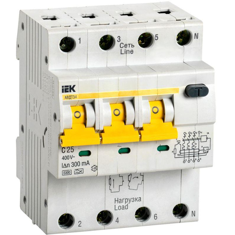 Выключатель автоматический дифференциального тока 4п (3P+N) C 25А 300мА тип A 6кА АВДТ-34 IEK MAD22-6-025-C-300