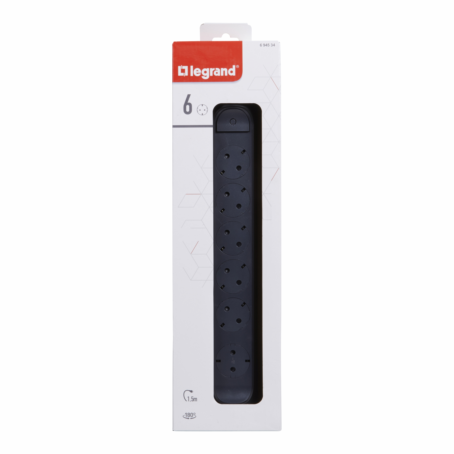 Удлинитель с поворотным основанием серии Комфорт 6 x 2К+З с кабелем 1,5 м., цвет: черный (694534)