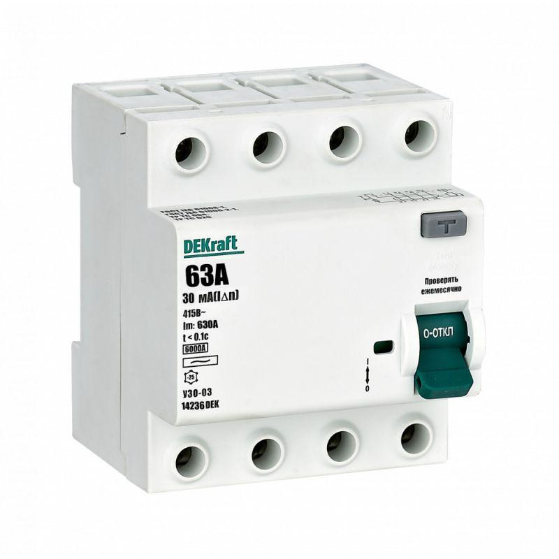 Выключатель дифференциального тока 4P 63А 30мА тип AC 6кА УЗО-03