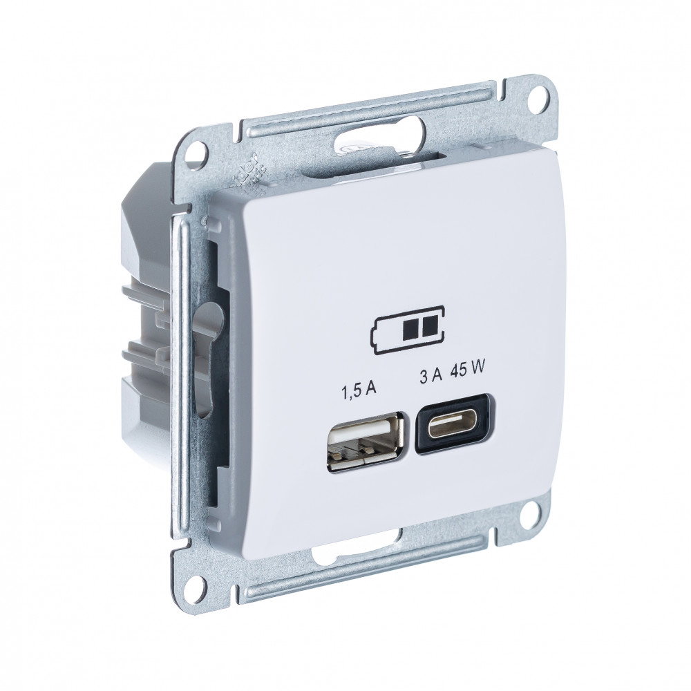 GLOSSA USB РОЗЕТКА A + тип-C 45W высокоскорост. зарядка QC, PD, механизм, БЕЛЫЙ (GSL000129)