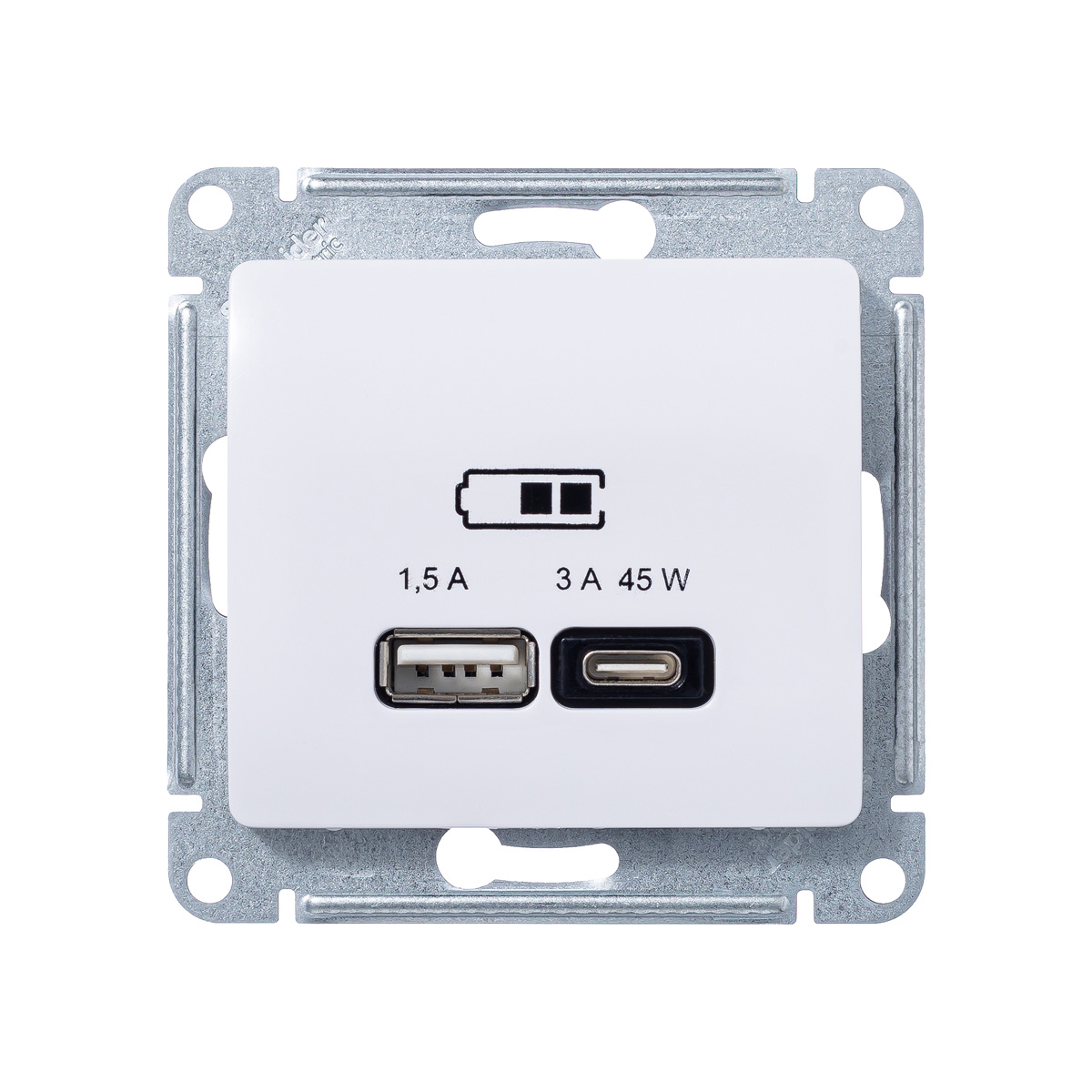 GLOSSA USB РОЗЕТКА A + тип-C 45W высокоскорост. зарядка QC, PD, механизм, БЕЛЫЙ (GSL000129)