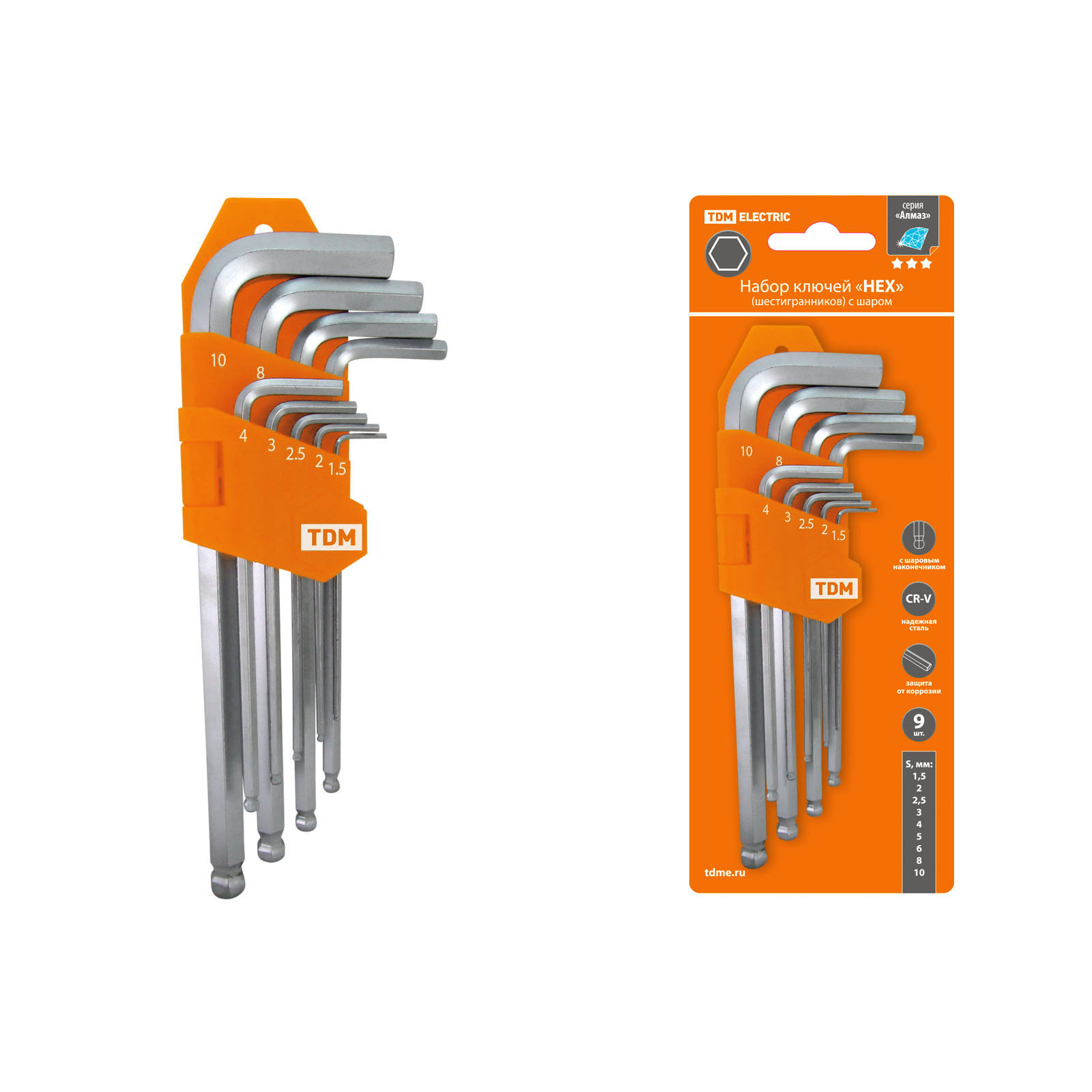 Набор ключей "HEX" 9 шт.: 1.5-10 мм, длинные с шаром, (держатель в блистере), CR-V сталь "Алмаз" TDM