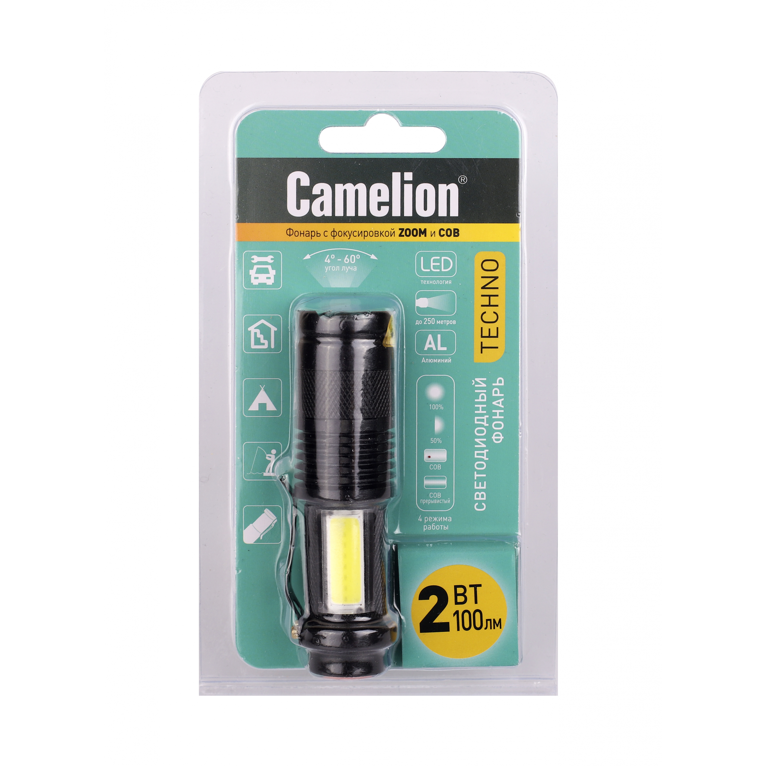Camelion LED51531 (фонарь, черн., LED XPE+COB, ZOOM, 4 реж 1XLR6, алюм.,откр. блистер)