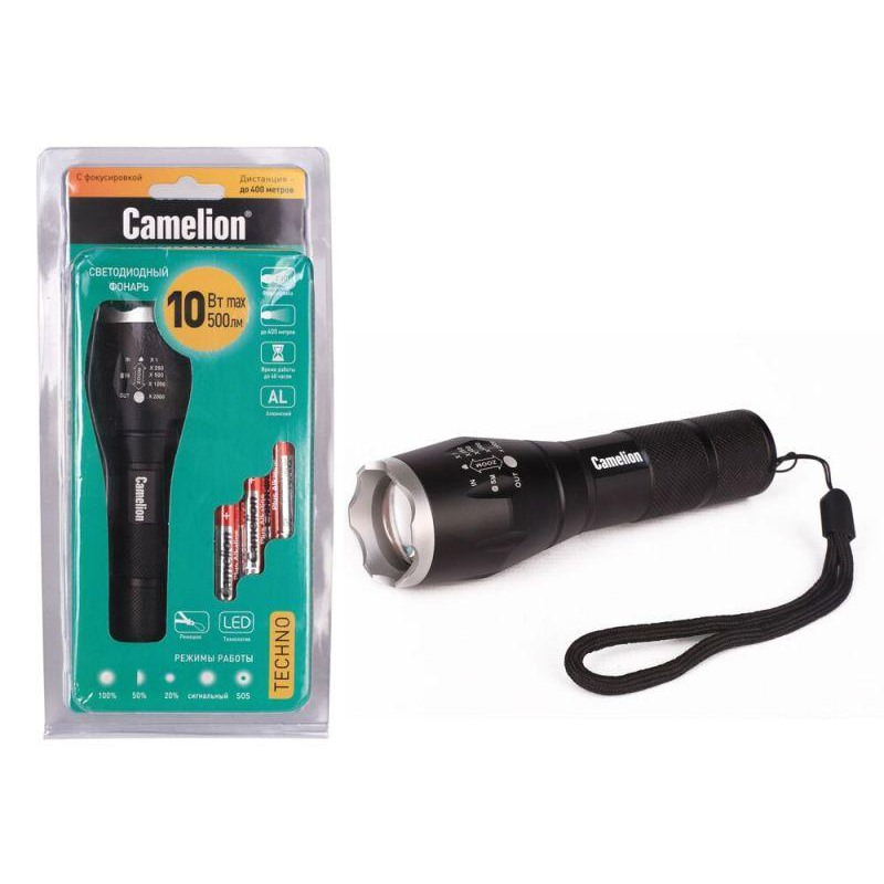 Фонарь Camelion черный, LED XML-T6, ZOOM, 5 режимов, алюминий