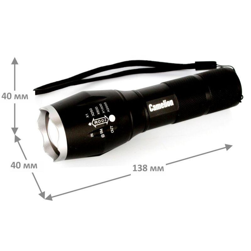 Фонарь Camelion черный, LED XML-T6, ZOOM, 5 режимов, алюминий