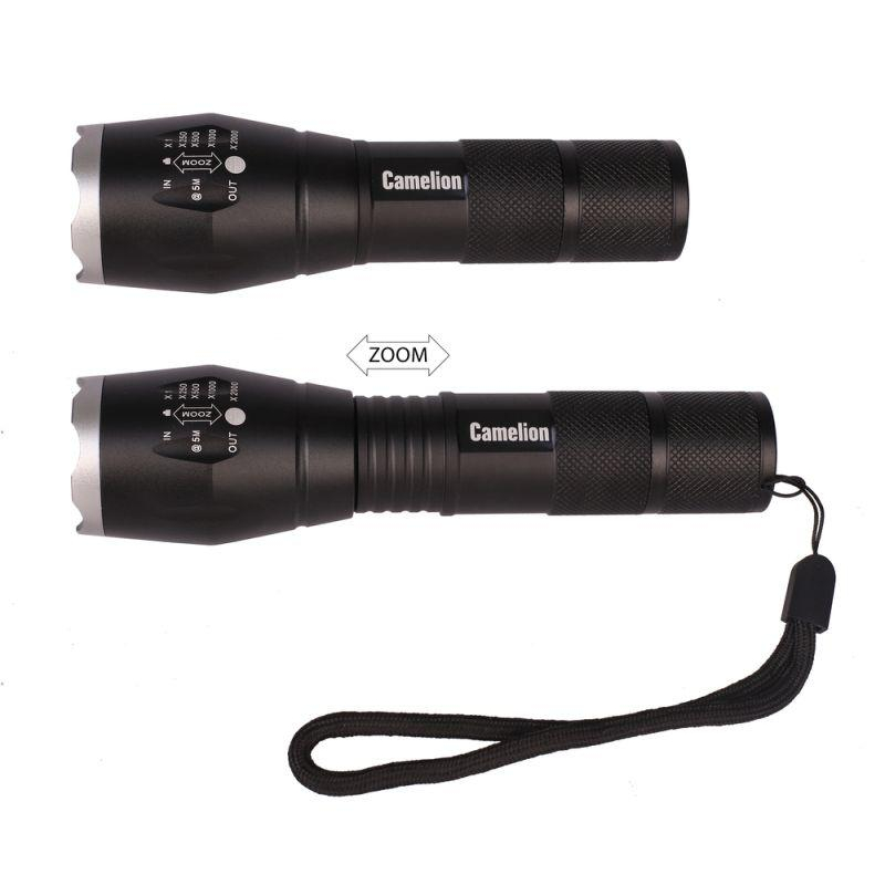 Фонарь Camelion черный, LED XML-T6, ZOOM, 5 режимов, алюминий