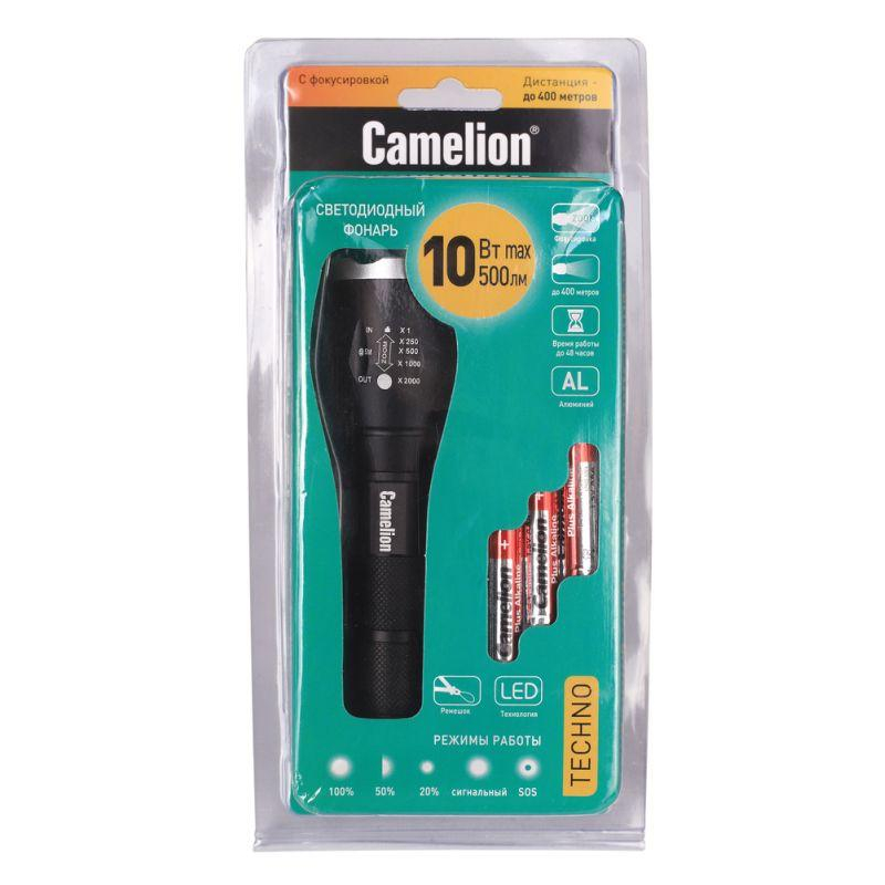 Фонарь Camelion черный, LED XML-T6, ZOOM, 5 режимов, алюминий