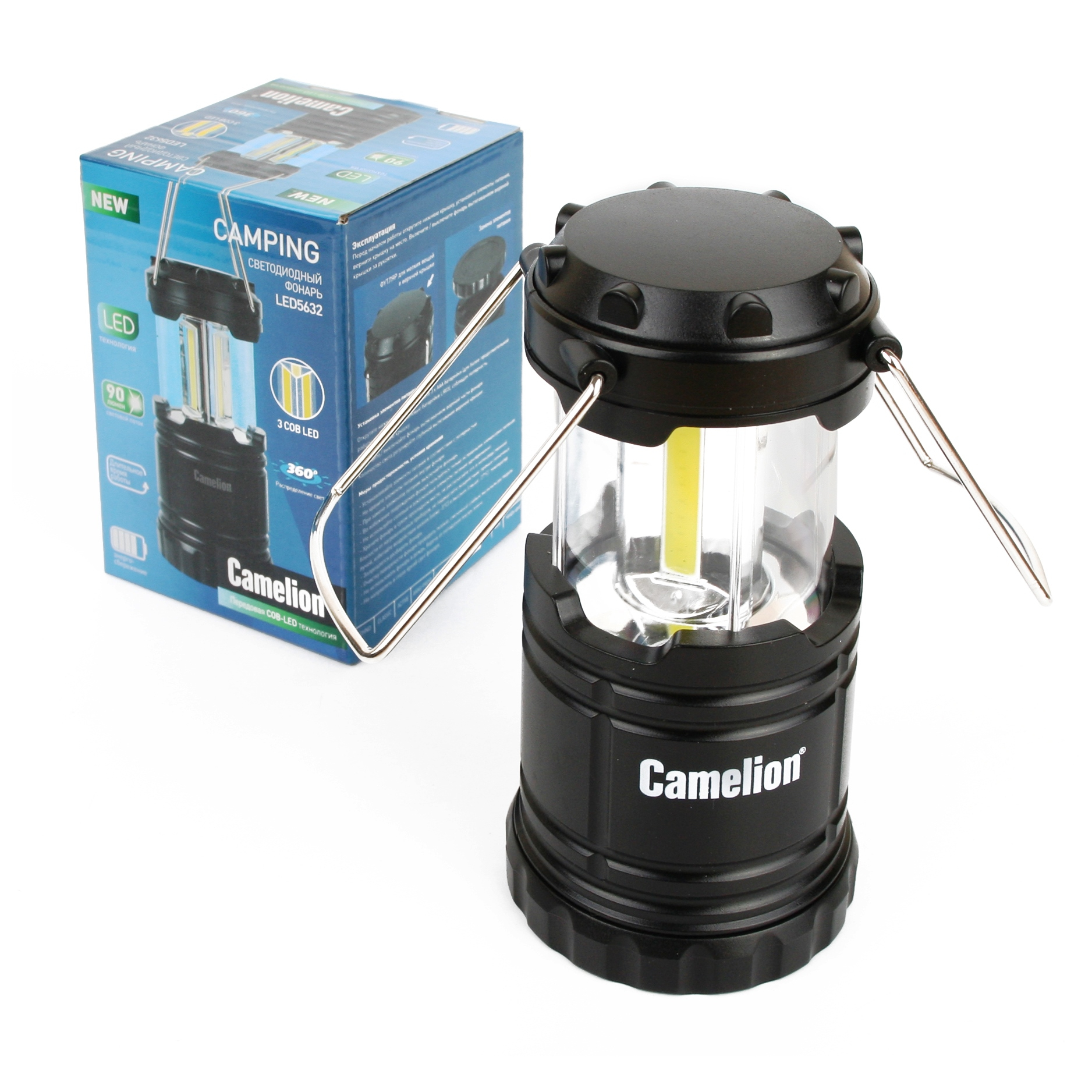 Camelion LED5632 (фонарь для кемпинга 3XR03, черный, 3X COB LED, пласт. кор.)