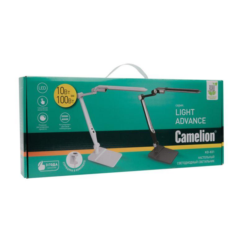 Camelion KD-831 C02 черн LED (Свет-к наст.10 Вт,230В, осн+струбц.,600 лм,сенс.рег.ярк и цвет.тем)