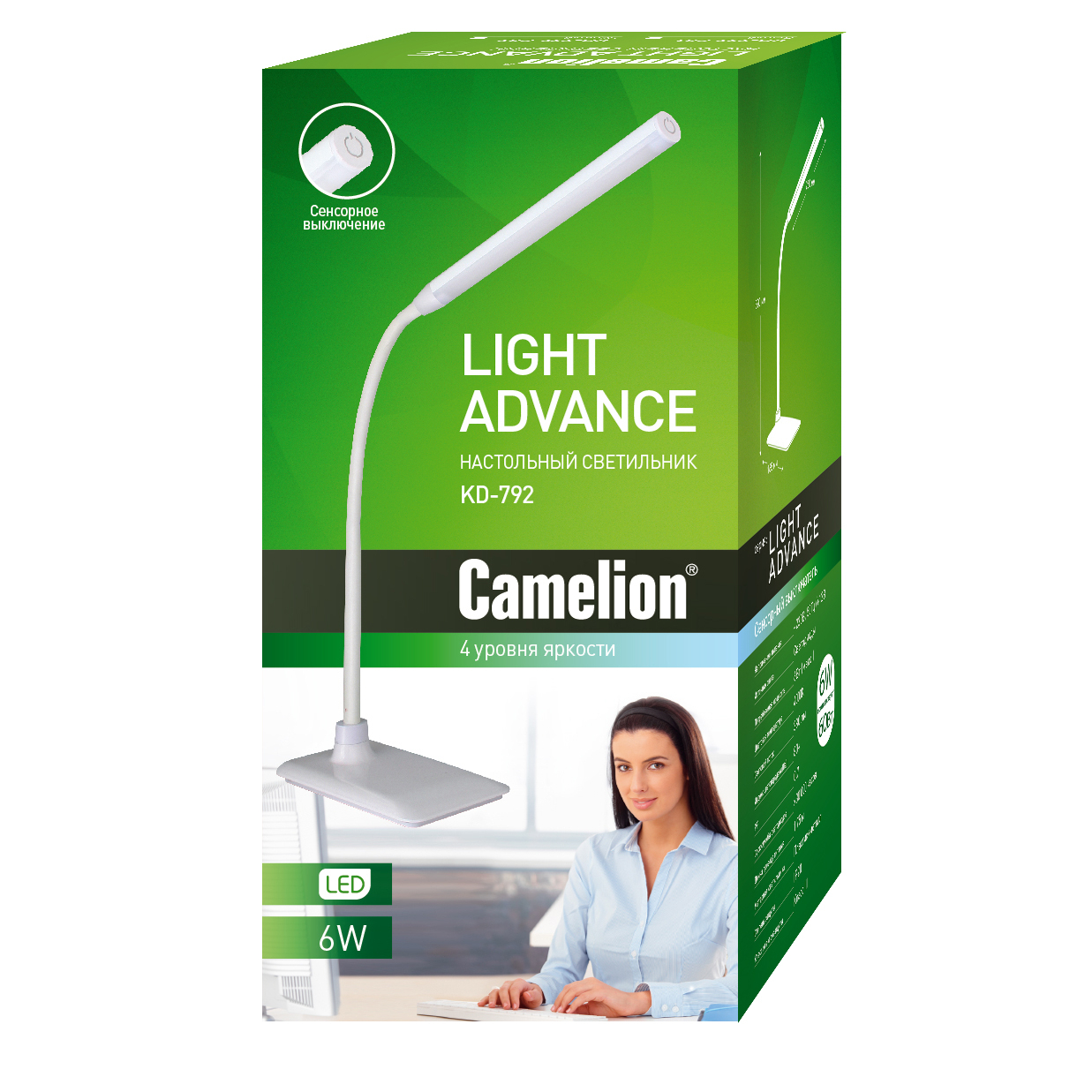 Camelion KD-792 C01 белый LED(Свет-к настольн.,6 Вт,230В, сенсорн.вкл-е, 4 ур. ярк,4000К)