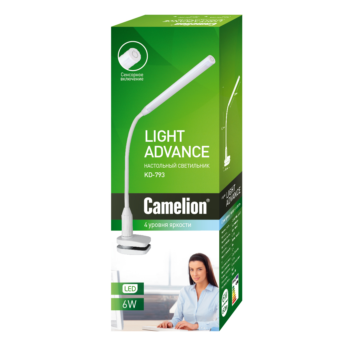 Camelion KD-793 C01 белый LED((Свет-к настол,6 Вт,зажим-струбцина,230В,сенс,4 ур.ярк,4000К)