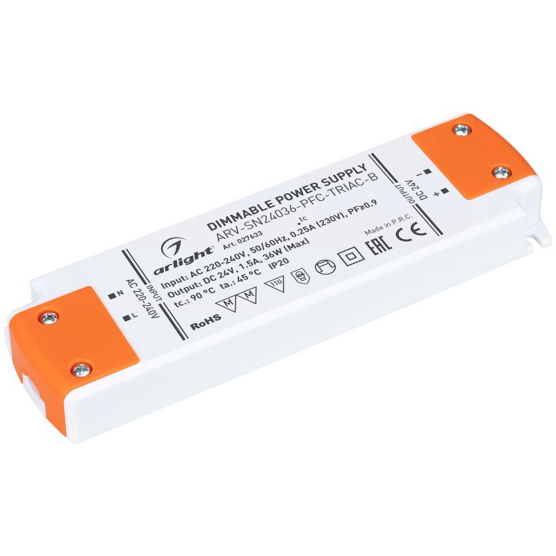 Блок питания ARV-SN24036-PFC-TRIAC-B (24V, 1.5A, 36W) (ARL, IP20 Пластик, 3 года) (027633)